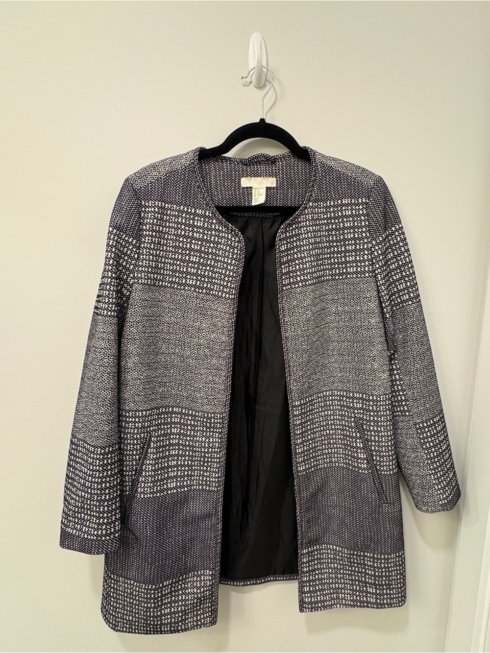 H&M Black and White Patterned Open-Front Blazer Jacket